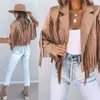 Kvinnorjackor 2023 Kvinnor Y2K fransade hem Tassel Cardigan Crop Tops E-Girl Motor Biker Jacket Suede Leather 90s Vintage Streetwear Coat