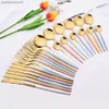24st Colorful Dinnerware Set Stainless Steel Gold Flatware Knife Fork Teskoon Silverware Cotarly Set Western Kitchen Table Prows L230704