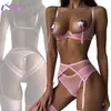 Kit de sutiã aberto erótico rosa push up roupa íntima sexy e sensual amor oco calcinha sem virilha conjunto íntimo transparente 230717