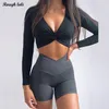 Active Shirts Twist Long Sleeve Crop Top For Women Padded Yoga Sexy Sports Workout Gym Sportswear