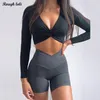 Camisas Active Twist manga longa Cropped Top para mulheres acolchoadas Yoga Sexy Sports Workout Gym Sportswear