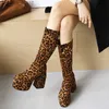 Boots Boots Sexy Leopard Women Boots High Heels Chunky Platform Big Size Black Autumn Winter Knee High Boot Flock Party Fetish Shoes bra4610225 Z230724