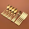 Set di posate in oro Forchette Coltelli Cucchiai Posate in acciaio inox Set da tavola Set da tavola dorato Set da tavola completo Cucchiaio d'oro Nuovo L230704