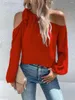 Chemisiers pour femmes Mode Slash Neck Solid Red Blouse 2023 Automne Mousseline De Soie Hors Épaule À Lacets Lâche Style Banlieusard Top Roupas Femininas