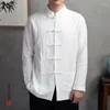 Mäns casual skjortor kinesiska linne tang stativ krage skjorta vintage fast färg skiva knapp lös bomull långärmad