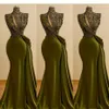 2021 Hunter Green Pailletten Kristall Perlen Meerjungfrau Abendkleider Vintage High Neck Keyhole Pailletten Spitze Prom Kleider Saudi Arabisch L239R