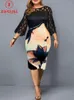 Casual Dresses Fashion Digital Print Pencil Dress for Women Patchwork Design Zipper spetsdekor Se genom o-hals mitt midja smal höft