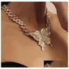 Colares com Pingente Borboleta Bling Iced Out Cuban Link Chains Gold Sier Crystal Rhinestone Animal Hip Hop Colar Girls Party Jewelry Dhk95