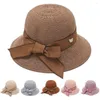 Chaps à bord large pure couleur d'été Protection de soleil Rosette Dome Bow Women Chapeau Page Big Casual Catch Paille