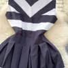 Fransız Vintage Zarif Mizaç Kontrast Stripe Slapeless Elbise Bel Sarma Mizaç Büyük Katlama Tank Top Uzun Elbise