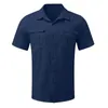 Camisetas masculinas manga curta tops slim fit masculino camisa sólida com bolso duplo elegante gola virada para baixo botão formal