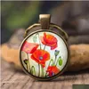 Key Rings Fashion Art Keychain Women Jewelry Antique Bronze Pendant Wild Red Flower Pattern Cabochon Glass Summer Chains Drop Delivery Dh2Gr