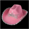 Wide Brim Hats Led Western Style Cowboy Hat Pink Women Girls Birthday Party Caps With Feather Sequin Decoration Crown Tiara Nightclub Cowgir