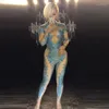 Stage Wear Blue Stones Sparkly Jumpsuit Mode Sexy Nude Stretch Dance Costume One-piece Body Discothèque Oufit Party Leggings