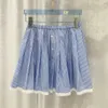 Summer ladies white round neck short sleeve plus blue striped lace loose skirt suit skirt, high waist short sleeve plus striped skirt simple casual everything.