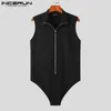 Tops masculinos 2023 bodysuits masculinos com lapela sem manga streetwear zíper fitness macacão masculino cor sólida sexy body S 5XL INCERUN 230724