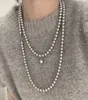 Fashion Hemp Silver Gray Strong Light Pearl Various Wearing Methods Light Luxury French Long Double-Layer Necklace Sweater Chain Niche