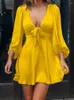 Casual Dresses VONDA 2024 Summer Women Dress Sexy Deep V Neck Evening Party Robe Solid 3/4 Sleeve Pleated Mini Sundress Oversized