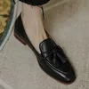 Elbise Ayakkabı Retro Püskül Yay Knot Küçük Deri Ayakkabı Kadınlar 2022 Loafers Kare Toe Alçak Topuklu Oxfords Kadın Ins Orijinal Deri Fringe Flats L230724