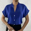 Chemisiers pour femmes doux femmes chemise soyeuse lisse col en v chemisier élégant col montant à manches courtes pour les affaires formelles Ol Commute Style solide