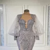 2021 Plus Size Arabic Aso Ebi Mermaid Lace Beaded Prom Dresses Sheer Neck Long Sleeves Evening Formal Party Second Reception Gowns242A