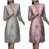 Elegantes Roségold-Kleid für die Brautmutter, Anzugkleider mit Jacke, formelle Partykleider, Vintage-Satin, Spitzenapplikation, Hochzeitsgast, Dr330d