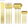 16st Gold Matte Cutlery Set Knife Fork Spoons Moderföretag Set rostfritt stål Tabeller Western Flatware Kök Silverware Set L230704