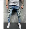 Herren Jeans Skinny Men Painted Stretch Slim Fit Ripped Distressed Plissee Knee Patch Denim Hosen Marke Freizeithose 221123 L230724