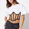 Damen T-Shirts Gaono Frauen Y2k Slim Fit T-Shirt Kurzarm Rundhalsausschnitt Durchsichtiges Patchwork Damen Crop Top Sommer Tops Für Party Club