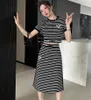 Big Sale Two Piece Dress Spring Summer Fashion Stripe Short Top Ribbon kjol Casual Set