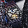 Çok fonksiyonlu R ichardes Watches 2023 Tam Otomatik Erkekler Mekanik Saati Çift taraflı içi boş karbon fiber siyah teknoloji tasarımı Mekanik Watchztgn