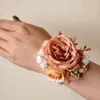 Decorative Flowers Light Coffee Wedding Bridal Austin Rose Artificial Pearl Wrist Flower Groom Brooch Corsage Marriage Accessories Po Prop