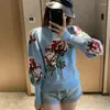 Kvinnors tröjor Vintage Flower Brodery Pullover Blue Lantern Sleeve Women Sweater Knit Casual Jumper Brand Top 2023 Designer Clothes