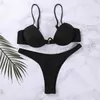 Damen-Bademode 2021 Neue sexy Push-Up-Bikini-Sets für Damen, einfarbig, schwarz, weiß, tief ausgeschnittene Strandbadeanzüge für Damen, gepolsterter Badeanzug mit V-Ausschnitt, Takniki H230515 H230524