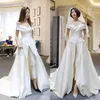 Plus Size Satin Wedding Dresses with Off Shoulder Bridal Gowns Pant Suit Two Pieces A Line Long Train Vestidos De Fiesta3143