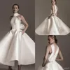 Vintage fotledslängd bröllopsklänningar med stor båge 2019 Hög halsmatta fläckar puffy kjol prinsessan trädgård kyrka kort bröllop klänning269z