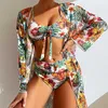 2023 Three Pieces Cover Up High Set Women's Swimwear Print for Fa Bath Suit Tropical Waisted Bikini H230515 H230524