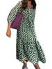 Lässige Kleider Damen Vintage Boho Blumendruck Maxikleid mit langen Ärmeln und Knopfleiste vorne – fließender geometrischer Swing