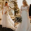 Robes de mariée grande taille 3 4 manches longues dentelle appliques tulle perlé 2020 sur mesure train chapelle décolleté festonné mariage Gow3264