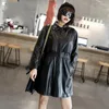 Couro feminino elástico cintura outono pele de carneiro genuíno real jaquetas longas femininas casual blusão trench coats jaqueta streetwear