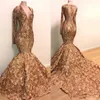 Vestidos de noite sereia apliques de lantejoulas 2020 imagem real manga longa ouro champanhe 3d rosa floral fundo africano menina negra baile de finalistas 279 anos