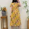 Casual Dresses Cotton And Linen Light Printed Women's Long Skirt 2023 Summer Short-sleeved Round Neck Drawstring Waist Art Dress