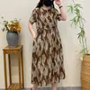 Casual Dresses Cotton And Linen Light Printed Women's Long Skirt 2023 Summer Short-sleeved Round Neck Drawstring Waist Art Dress