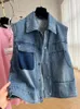 Kvinnors västar vår sommar kvinnor vintage lapel singel breasted denim väst kvinnlig mode casual ärmlös jean jacka outwear