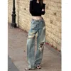Jeans da donna strappati per le donne Y2K Summer High Street Streetwear Pantaloni a vita hip-hop Moda pantaloni in denim dritti da donna
