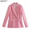 Women's Suits Blazers Zevity Women Vintage Green Pink Houndstooth Plaid Print Blazer Coat Office Ladies Double Breasted Outerwear Chic Slim Tops CT726 L230724