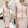 Elegante rosa Mutter der Braut Kleider mit Jacke Spitze applizierte Perlen Hochzeitsgast Kleid knielangen Blumen formale Mutter Out257e