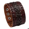 Bangle Hollow Wide Lace Bandage Leather Cuff Button Justerbar armband Wristand för män Kvinnor Fashion Jewelry Black Drop Delivery Bra Dhowx