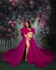 Fuchsia Ruffles Cap Sleeve Prom Dresses for Pregnant Women Front Slit Tulle Sweep Train Maternity Photoshoot Dress