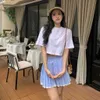 Summer ladies white round neck short sleeve plus blue striped lace loose skirt suit skirt, high waist short sleeve plus striped skirt simple casual everything.